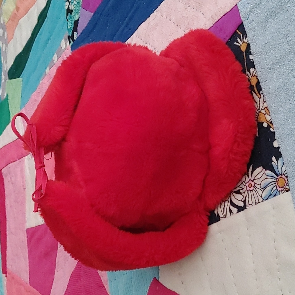 Vintage fuzzy faux fur red beaked hat with ear flaps. Made in France